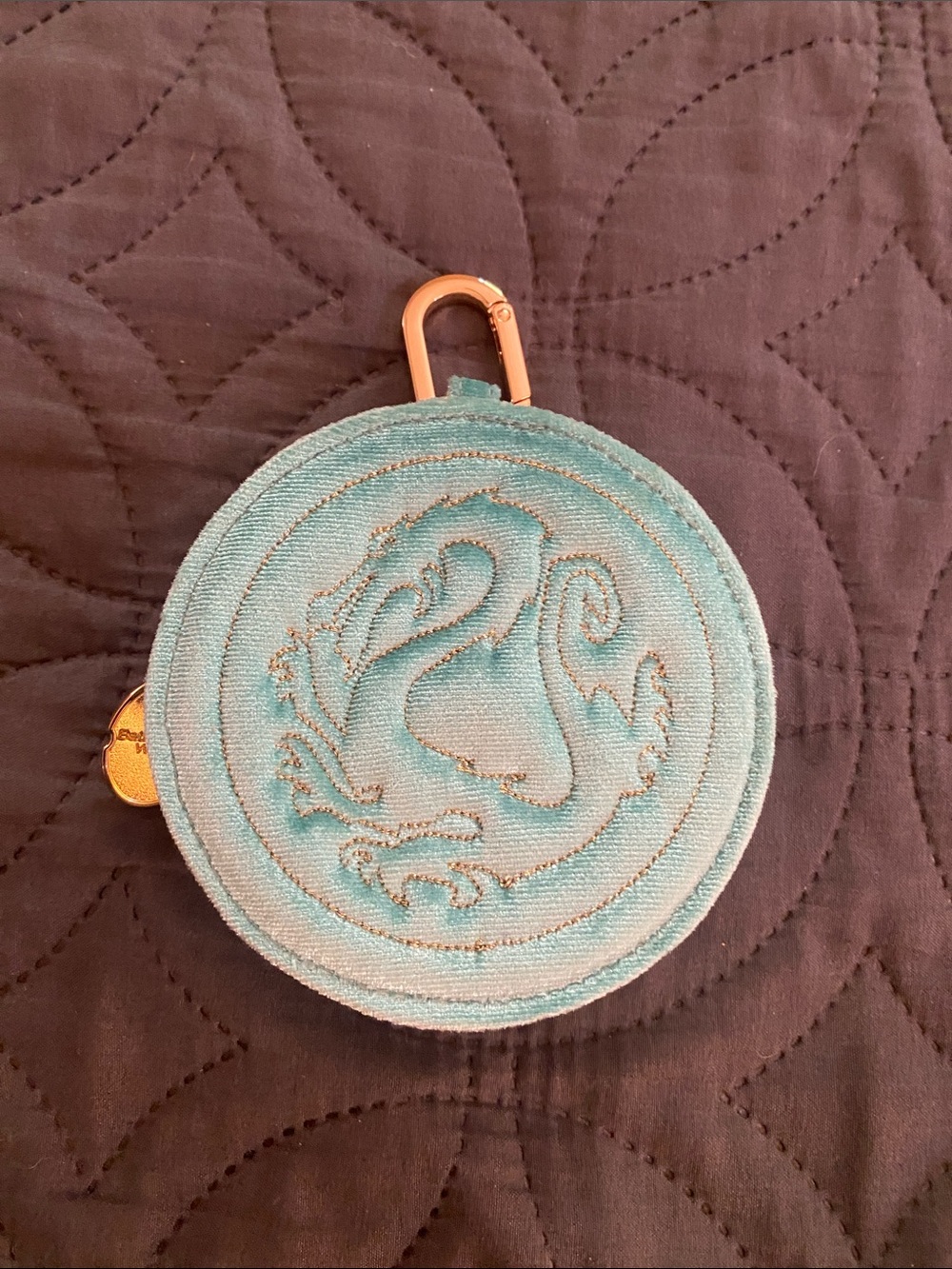 Aqua Round Embroidered Key Pouch with Rose Gold Carabiner